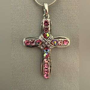 Large Pink and silver tone Rhinestone Cross Necklace